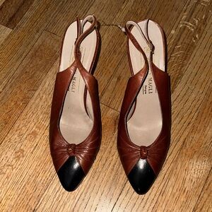 Bruno Magli Brown Leather Slingback Pumps with Black Toe